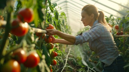 woman hand picking ripe red tomato in greenhouses farming