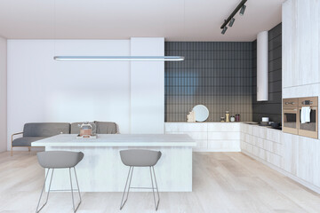 A modern kitchen interior with a large island, white and black elements, and wooden accents on an empty, clean background. 3D Rendering