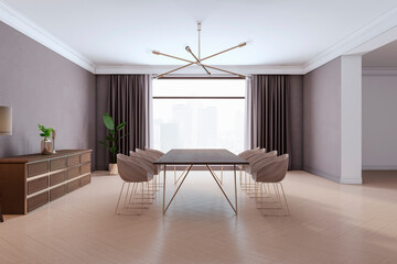 A modern dining room interior with a wooden table, chairs, and decorative lamp, against a cityscape background, concept of luxury living space. 3D Rendering