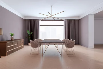  A modern dining room interior with a wooden table, chairs, and decorative lamp, against a cityscape background, concept of luxury living space. 3D Rendering © Who is Danny