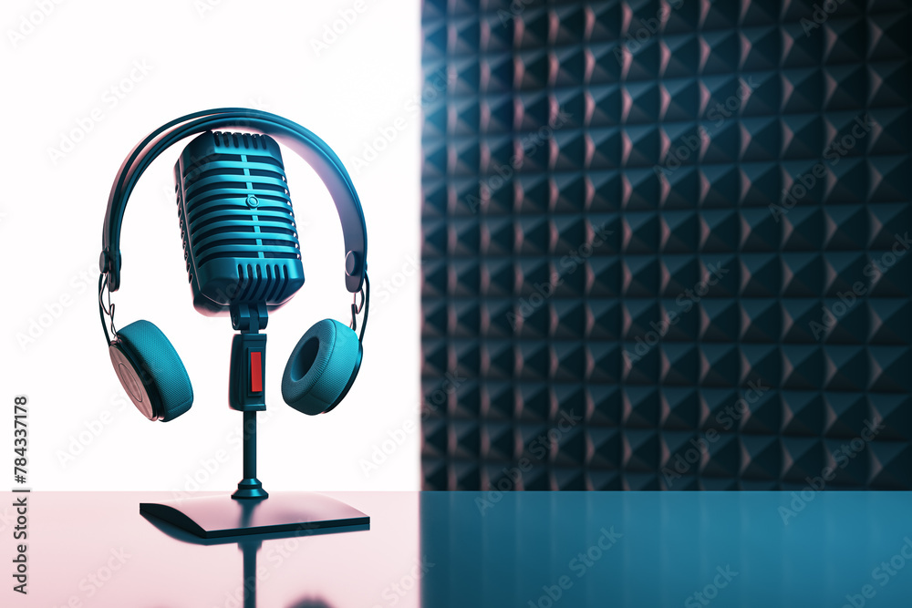 Aufkleber Creative image with mic and mock up place on blue background. Podcast ad and voiceover concept. 3D Rendering.