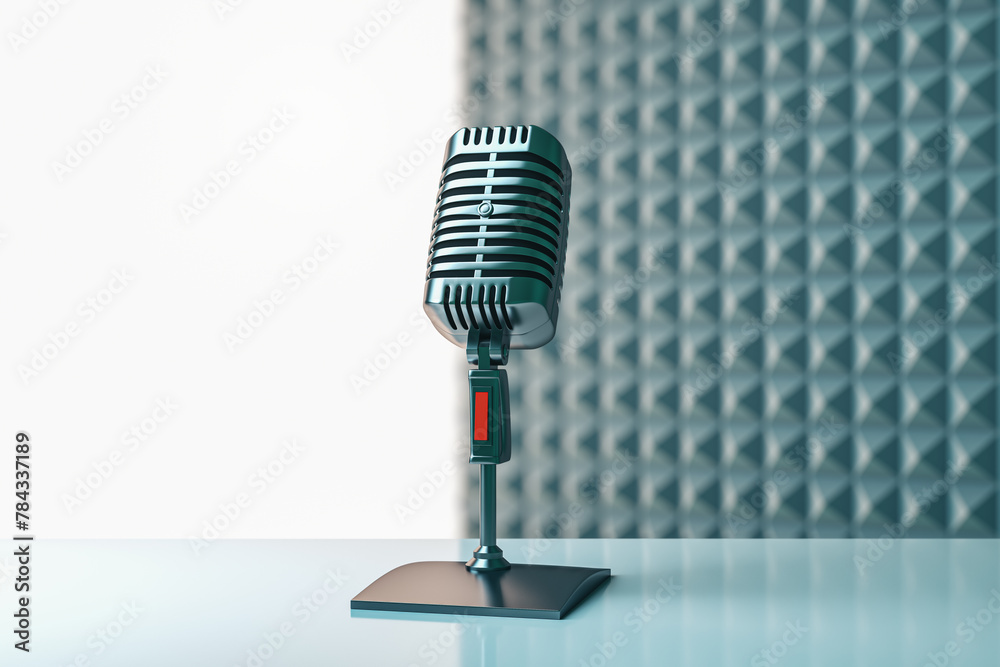 Poster Abstract image with mic and mock up place on gray background. Podcast ad and voiceover concept. 3D Rendering.