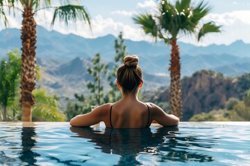 woman is lounging by the side of the swimming pool, wearing a bikini, gazing towards the beautiful mountains in the distance