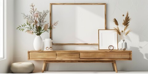 Fototapeta na wymiar Mock up frame in home interior background, white room with natural wooden furniture, 3d render, 3d illustration 