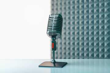 Abstract image with mic and mock up place on gray background. Podcast ad and voiceover concept. 3D...