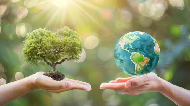 World environment day concept: Two human hands holding earth globe and heart shape of tree over blurred nature background. Elements of this image furnished by NASA