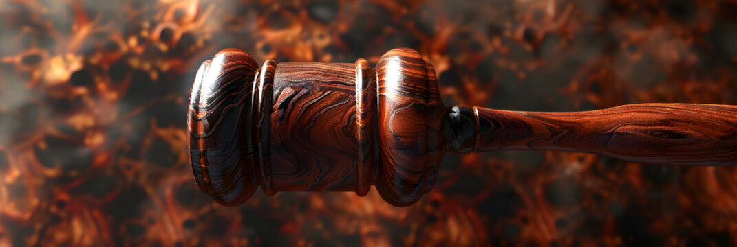 Judge‘s gavel on brown shining table and bookshelf background. Law and justice concept. Law concept. Gavel, scale, legal code and Themis sculpture in the law faculty library.  Brown wooden  gavel with