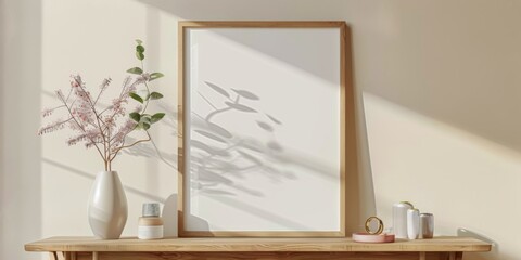Mock up frame in home interior background, white room with natural wooden furniture, 3d render, 3d illustration 