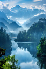 Serenity Embodied: Pristine Lake Encapsulated by Verdant Forest and Majestic Mountain