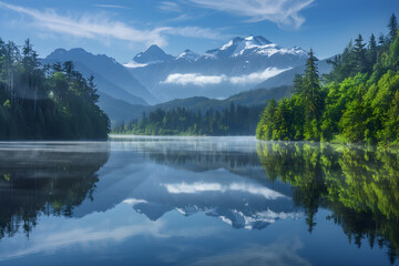 Fototapeta na wymiar Serenity Embodied: Pristine Lake Encapsulated by Verdant Forest and Majestic Mountain