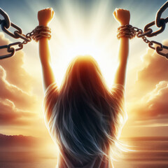 Girl with her hands up in the air is chained. Domestic violence. A woman fighting for her rights. Sunlight gives hope
