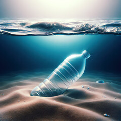 Plastic water bottles pollution in ocean. A plastic bottle lies at the bottom of the ocean. Environment concept. Blurred background.
