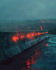 a large concrete barrier with red lights on it near a lava flow in iceland, dust on window, rain drops on window, night time, green gasses, orange glow