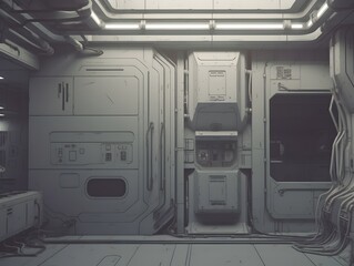 Interior of Futuristic Space Station with Advanced Machinery and High-Tech Engineering Equipment - obrazy, fototapety, plakaty