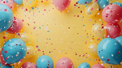 Sunny Birthday Bash! Balloons and Confetti Frame a Joyful Celebration with Pastel Yellow Background.