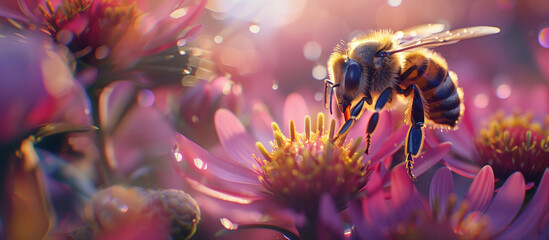 Bee's close-up. macro. Nature's vital dance.Pollination for a flourishing Earth. Celebrate Earth Day - obrazy, fototapety, plakaty