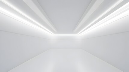 Luminous Architectural Void:Futuristic 3D Rendered Minimalist White Studio Corridor with Neon Lighting and Geometric Designs