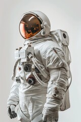 Detailed view of an astronaut's suit and helmet against a neutral background