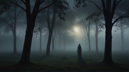 A mystically shrouded figure, ethereal and enigmatic, stands amidst swirling mist that seamlessly blends with the landscape around them. This captivating image, most likely a painting or photograph, c