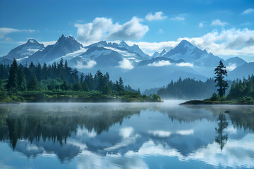 Serenity Embodied: Pristine Lake Encapsulated by Verdant Forest and Majestic Mountain