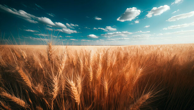 Golden wheat field under blue sky with clouds, ideal for agriculture business and harvest festivals.