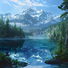 Naklejka na ściany i meble Serenity Embodied: Pristine Lake Encapsulated by Verdant Forest and Majestic Mountain