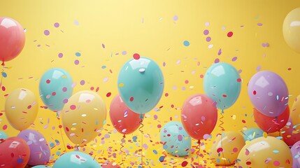 Sunny Birthday Bash! Balloons and Confetti Frame a Joyful Celebration with Pastel Yellow Background.