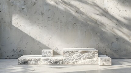 Monochrome Stone Podium with Textured Wall and Natural Lighting for Product Display