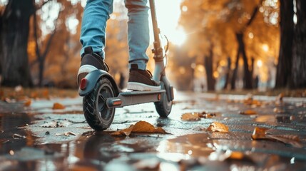 A close-up photo of a man driving an electronic scooter in a park.
