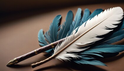 An elegant white feather quill with a detailed metal nib, artistically arranged with shadows on a moody, dark background.