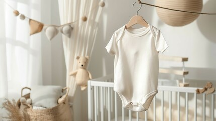 Baby bodysuit mockup, white short-sleeved body suit, baby room background