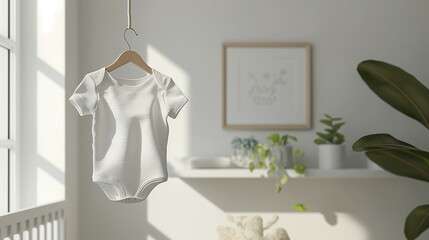 Baby bodysuit mockup, white short-sleeved body suit, baby room background