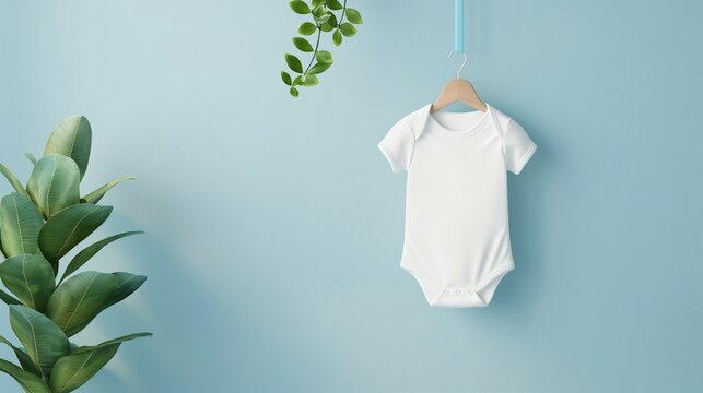 Baby bodysuit mockup, white short-sleeved bodysuit model hanging from hanger