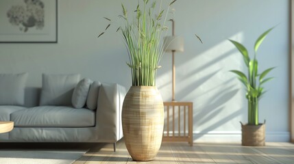 A large, floor-standing bamboo vase in a minimalist living room, filled with tall, green reeds