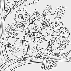 Black and white line art illustration of birds playing together. Good for coloring book design