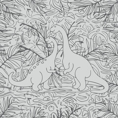 Black and white line art illustration of two dinosaurs playing together in nature. Good for coloring book design