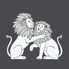 Black and white line art illustration of two lions playing together. With black background. Good for coloring book design