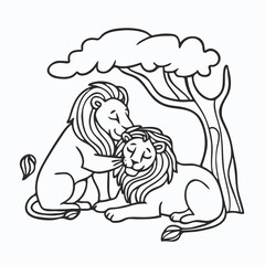 Black and white line art illustration of two lions playing together. Good for coloring book design