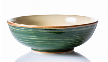 Beige and green empty ceramic or clay bowl isolated on white background. Side view.