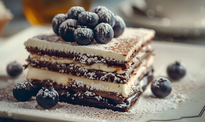 dark chocolate and cream layers, topped with a cluster of dusted blueberries, Generative AI 