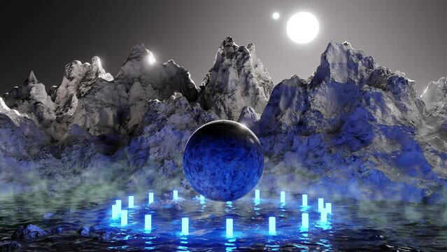 Modern futuristic neon abstract background. Planet in the center between neon laser. 3d render