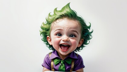 A vibrant digital illustration of a laughing child with whimsical green hair and a purple outfit.