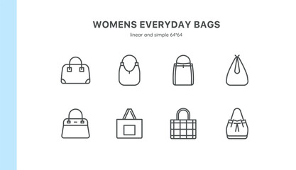 Women's Fashion Handbags Icon Set: Everyday Chic and Practical Styles. Features Tote, Hobo, Bucket, Shoulder, and Shopper Bags. Includes Wicker, Rattan, and Modern Drawstring Designs. Editable Stroke. - obrazy, fototapety, plakaty