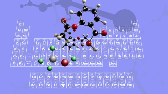 3D rendering of colorful molecules on a blue background with the periodic table