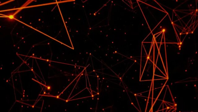 Rendering of abstract movement of neon orange lines and dots on black background