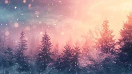 As the evening falls, envision a breathtaking winter panorama featuring pine trees blanketed with snow. The frosty landscape sparkles under the soft glow of twilight