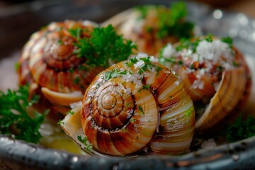 AI-generated illustration of Several French Escargots on fresh green and white parsley