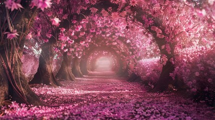 Picture a romantic tunnel adorned with pink flowering trees, creating a breathtaking canopy of delicate blossoms. As you stroll beneath this enchanting natural spectacle - obrazy, fototapety, plakaty