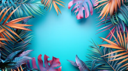 Fototapeta na wymiar A 3D rendered top-view summer-themed blue background transports viewers to an enchanting and exotic haven. Multicolored palm leaves dance across the scene, evoking a sense of warmth 