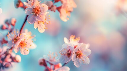 
An exquisite floral spring abstract background of nature unfolds, featuring branches of blossoming apricot captured in macro detail. 